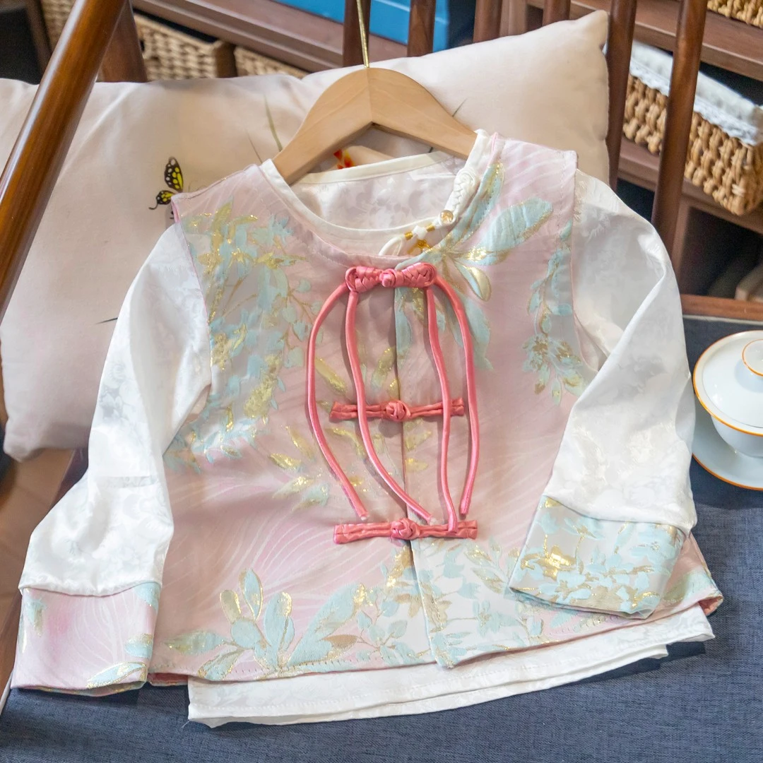 中国风马甲春夏中式流苏粉色亲子装背心民族风薄款儿童提花款