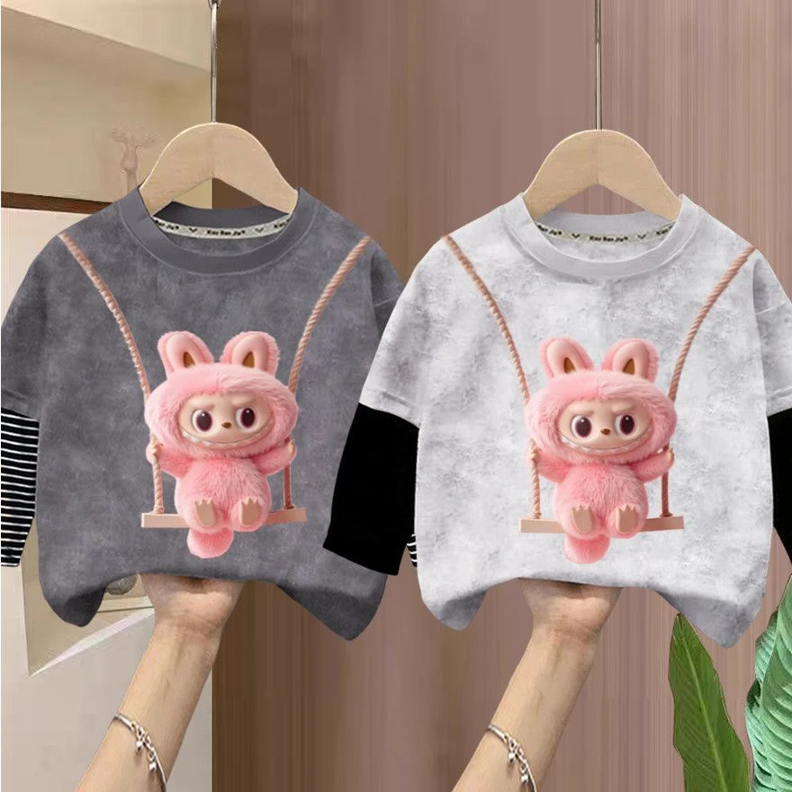 儿童韩系新款假两件纯棉长袖潮酷扎染休闲T恤春秋打底女童上衣爆t