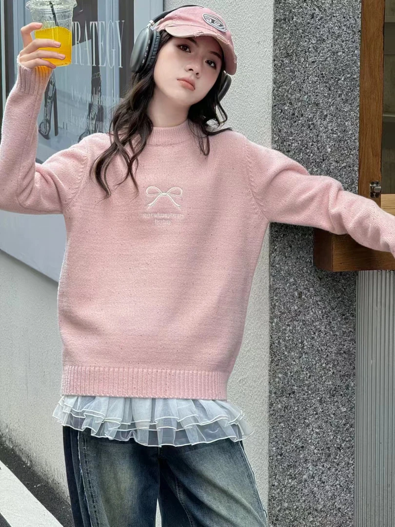 女厚款长袖休闲风韩版蝴蝶结毛衣时尚上衣毛衫打底大童