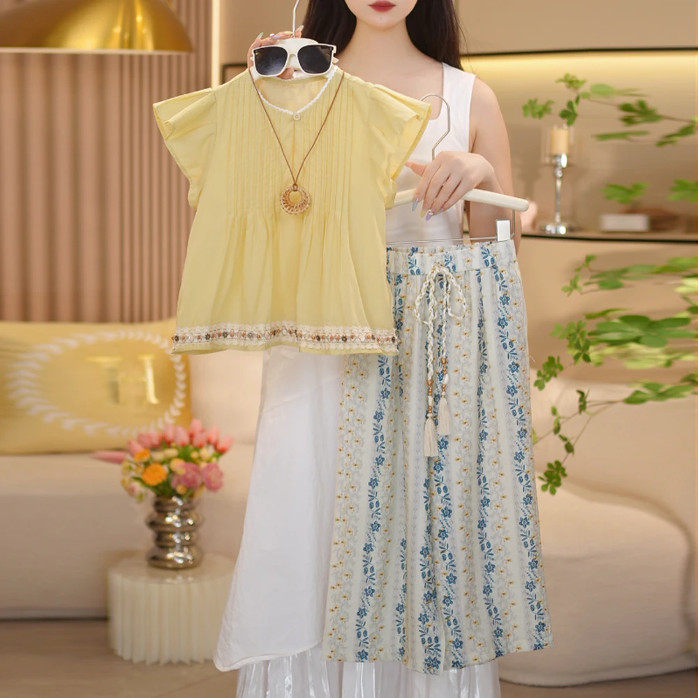 【闺蜜家】女童2025夏季新款无袖娃娃衫T恤上衣碎花防蚊裤套装-8306