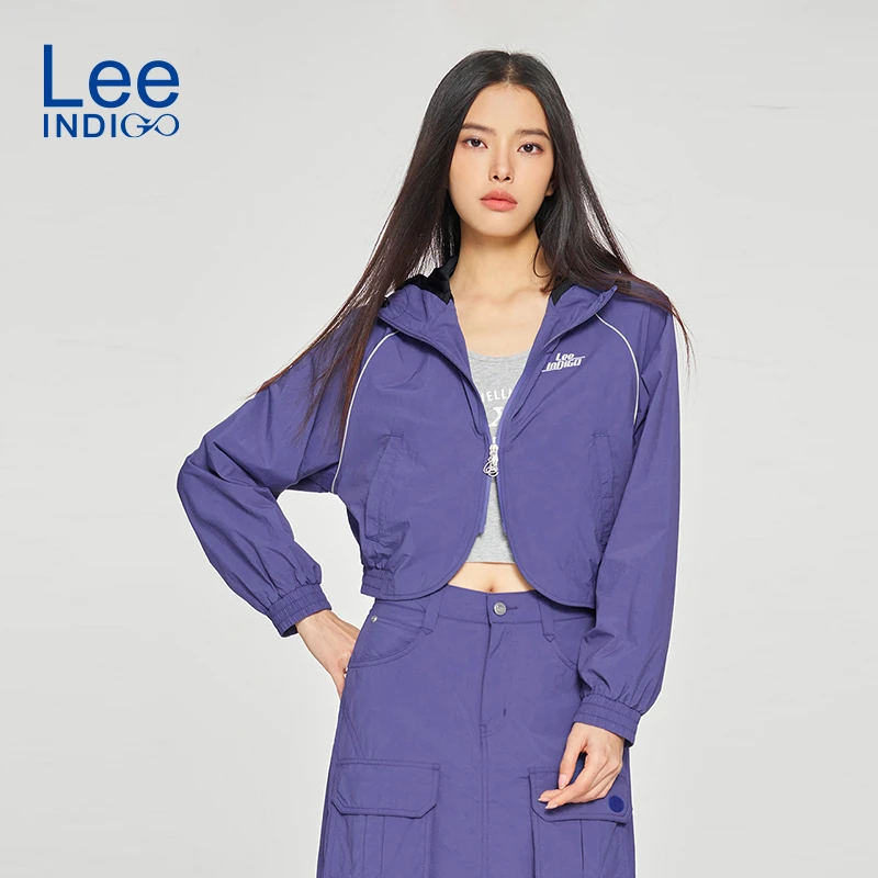 Lee商场同款25早春舒适版短款双拉链蓝紫色女连帽夹克外套潮