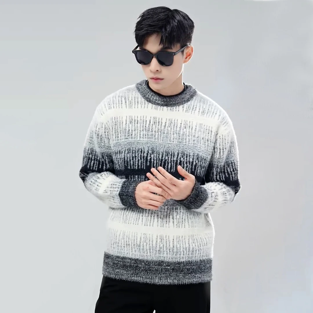 【反季淸仓】渐变松弛感秋冬情侣保暖宽松休闲慵懒圆领针织毛衣q28