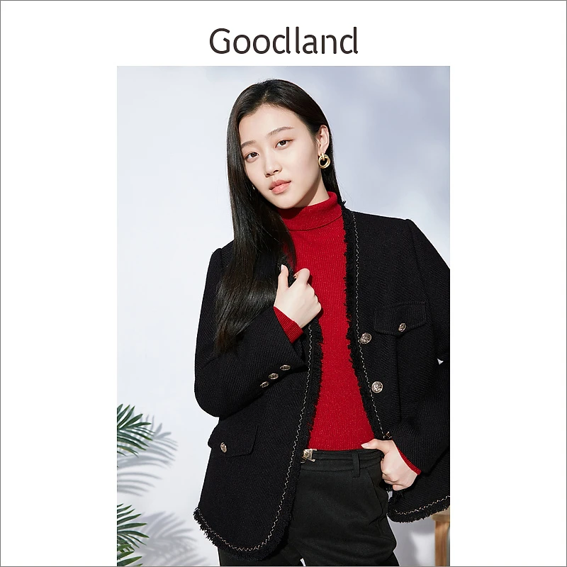 Goodland美地女装冬季法式毛须边设计感轻薄短款白鹅绒羽绒服