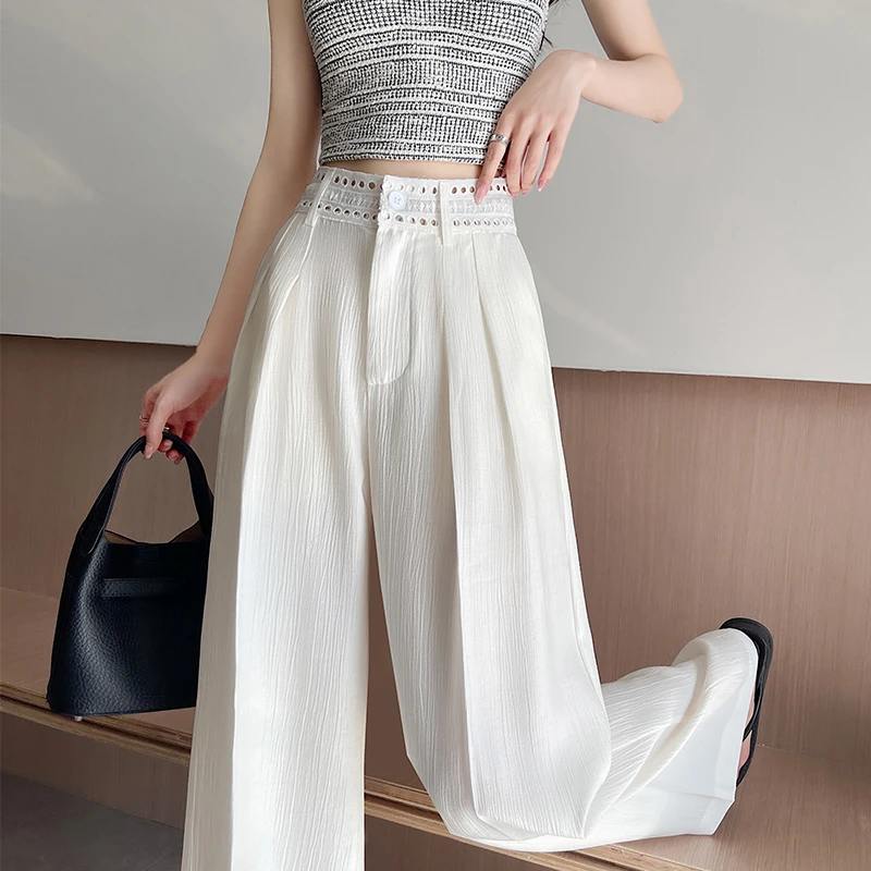 镂空蕾丝拼接阔腿裤女夏季薄款棉麻肌理感纹路窄版直筒冰丝休闲裤