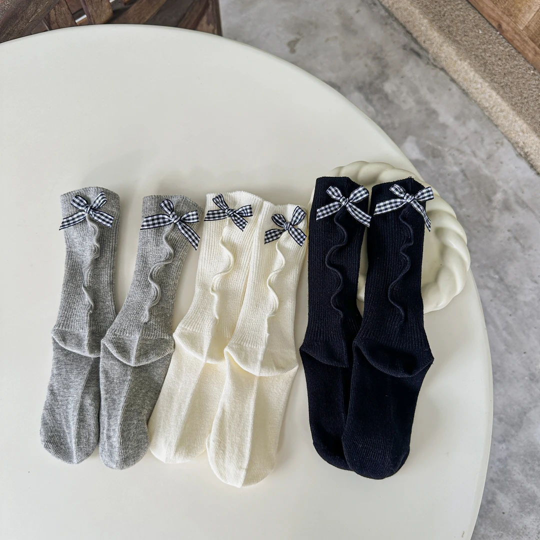 女童袜子秋冬季宝宝黑白灰木耳边后跟蝴蝶结韩系公主袜儿童中筒袜