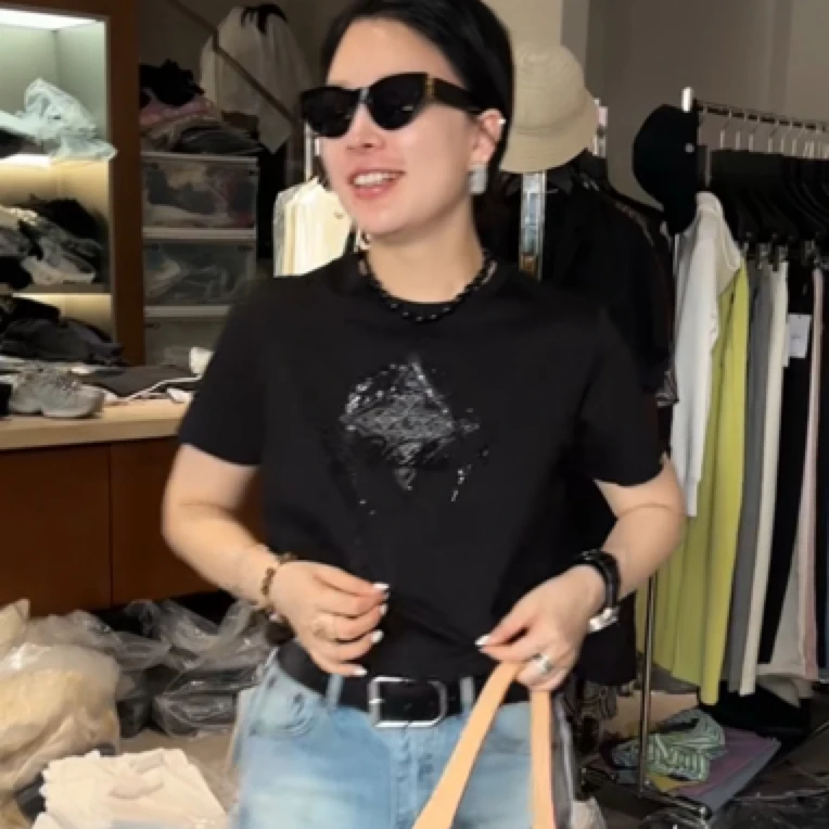 《王牌丝光棉T》显瘦小衫洋气高品质烫钻印花丝光棉T上衣