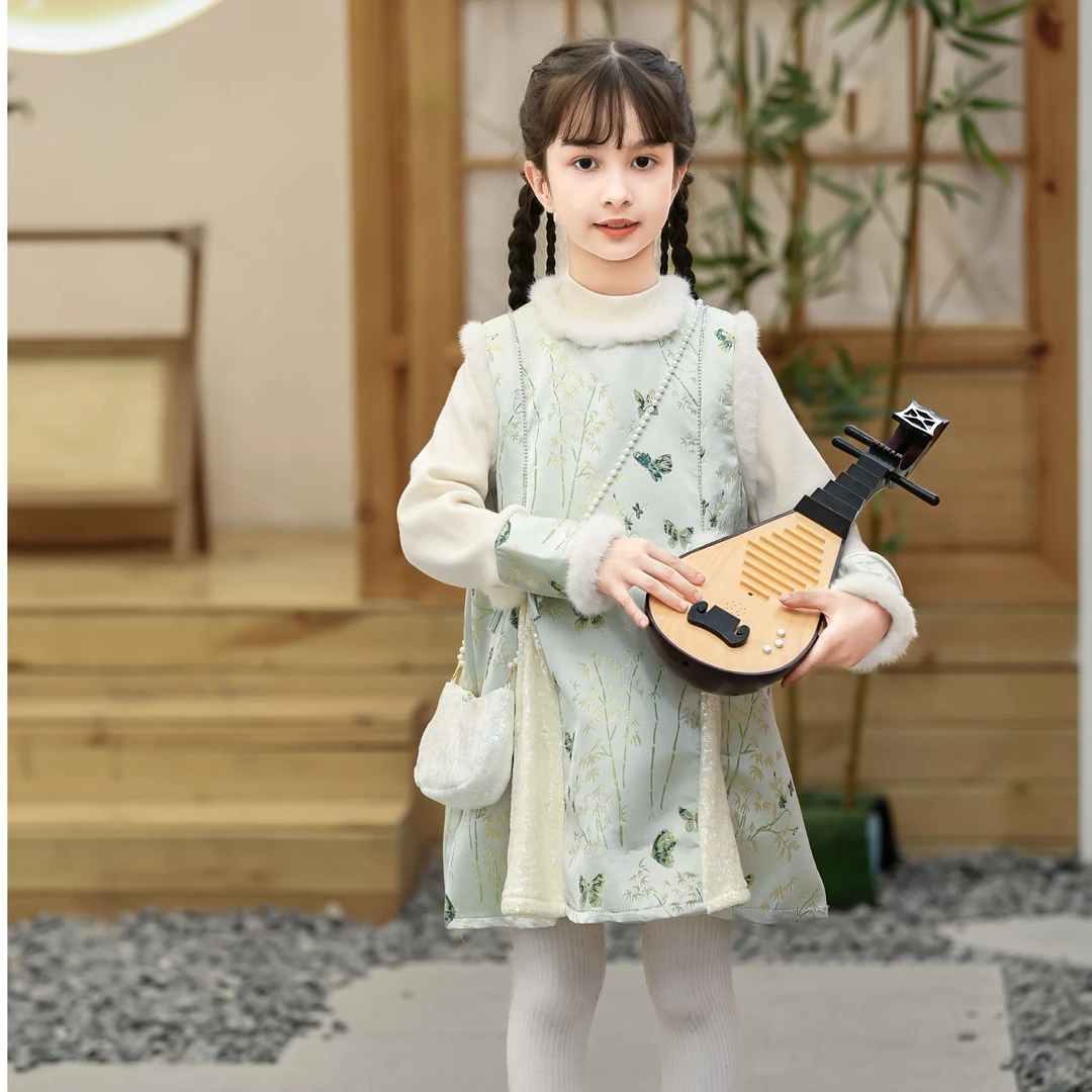 竹影蝶套装加绒秋季新款2024女童连衣裙