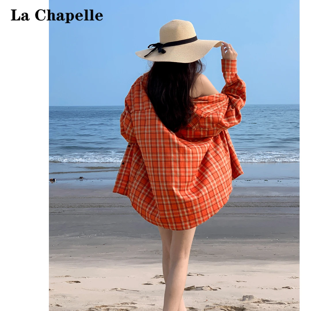 拉夏贝尔美式复古格子衬衫女2025夏季宽松慵懒风休闲长袖防晒上衣