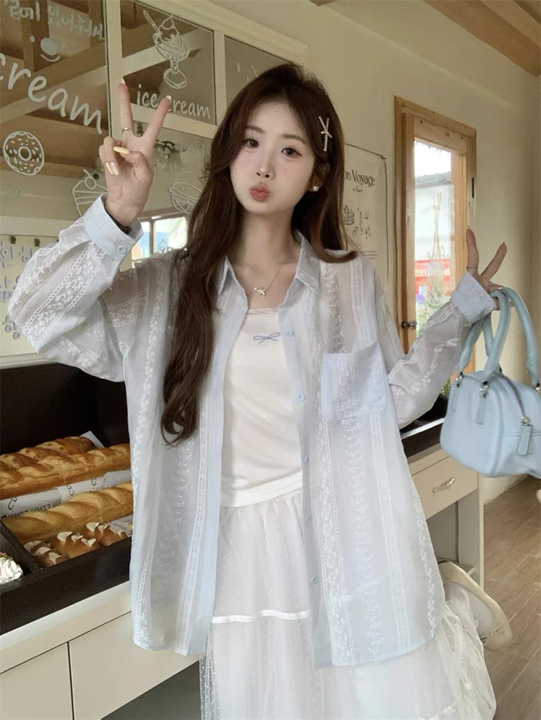 甜美微透防晒衬衫2025春夏新款宽松中长款长袖薄款开衫女空调衫潮