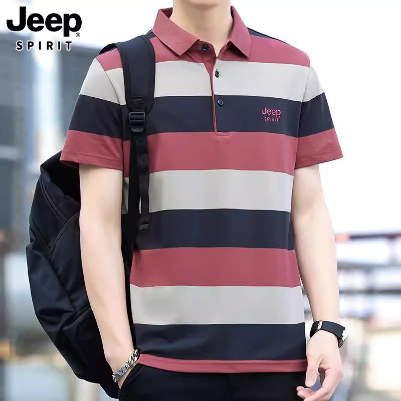 JEEPSPIRIT条纹短袖T恤男士夏季红色半袖翻领polo衫轻奢痞帅男装