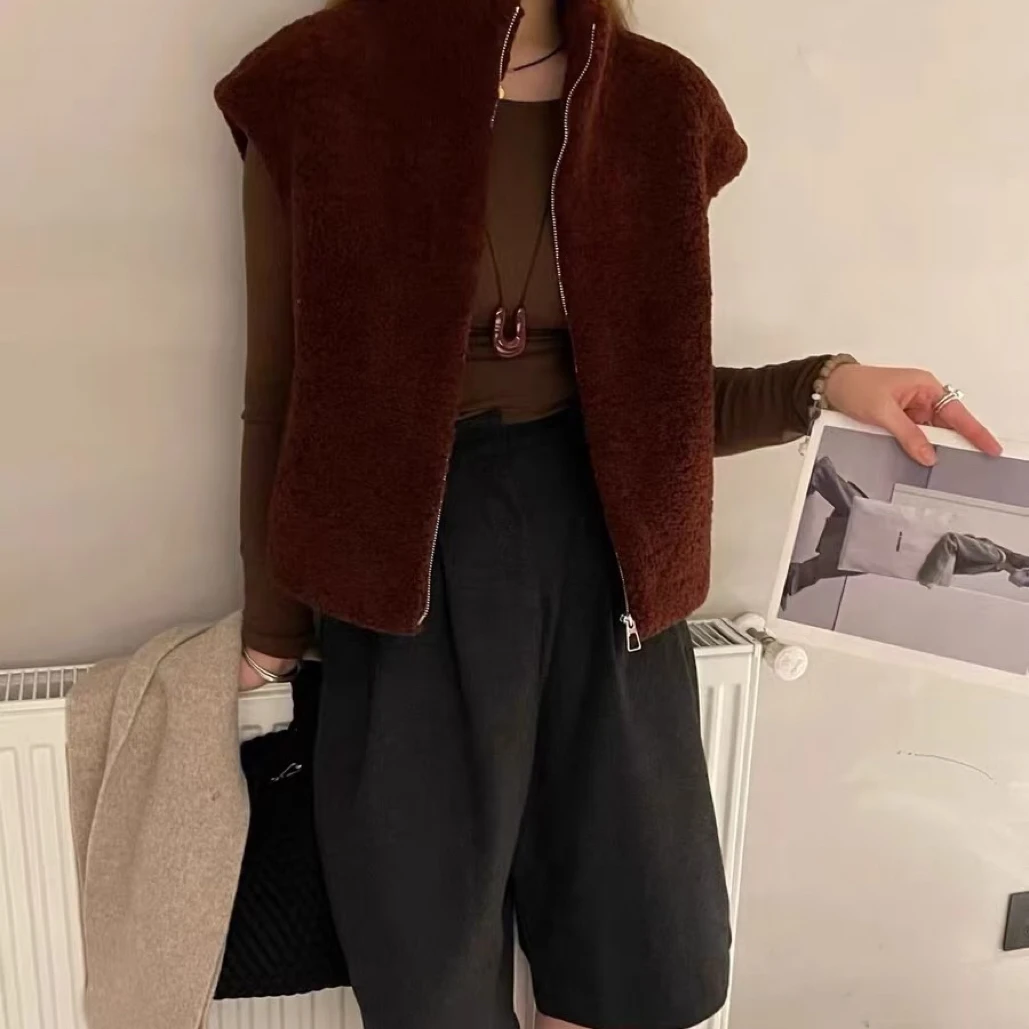 2025冬季新款颗粒羊毛立领拉链马甲下面可收口两面穿马甲