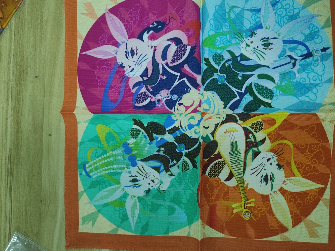 Q304-5 手帕四喜兔 橙 玫瑰丝巾 30cm