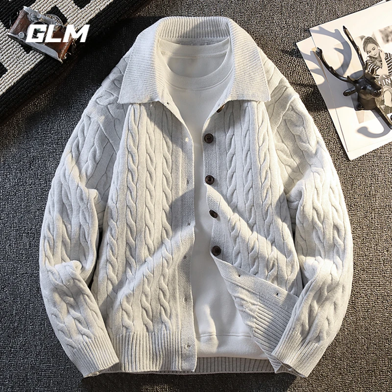 GLM麻花针织开衫男秋冬季2025新款复古慵懒宽松休闲翻领毛衣外套