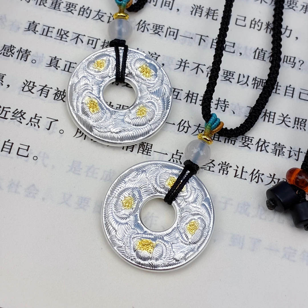 君派 吊坠足银 【双面牡丹花平安扣】足银牡丹实心平安扣吊坠复古款