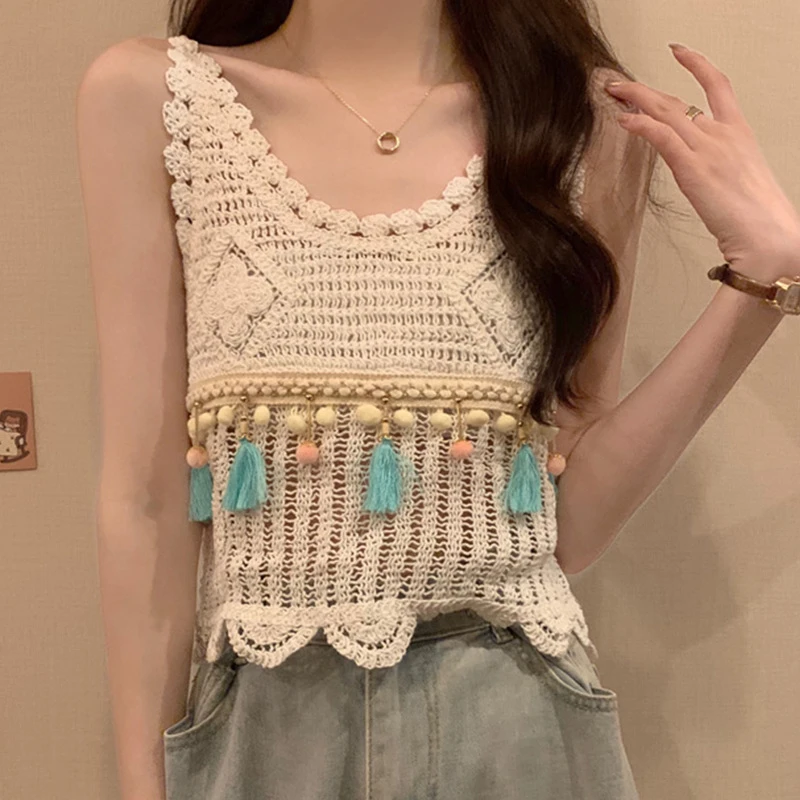 [251]仙气新款修身V领短款背心女镂空蕾丝钩花外穿无袖吊带上衣潮