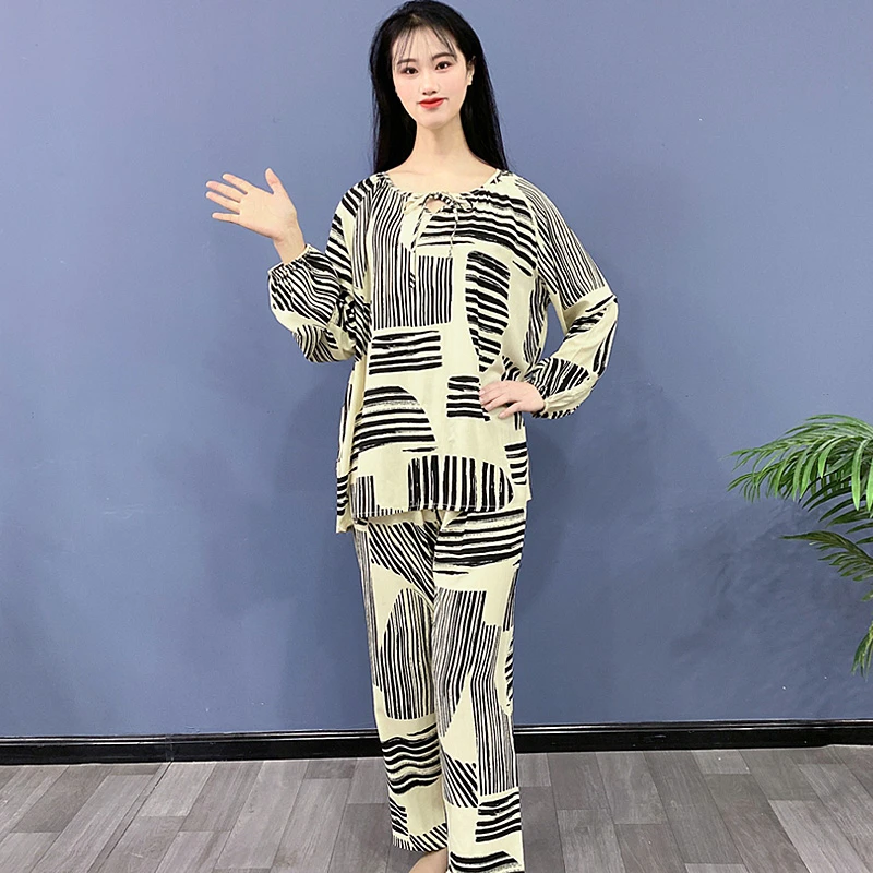 新款棉绸睡衣套头款女春夏人造棉长袖长裤可外穿家居服套装Y153