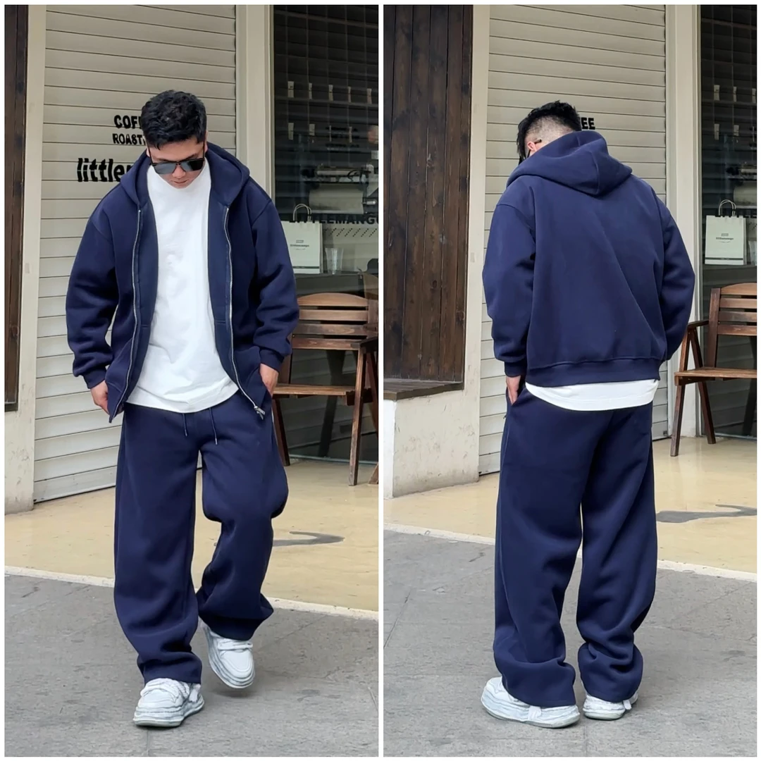 【达人】休闲运动套装宽松加绒加厚卫衣连帽情侣款拉链卫衣套装