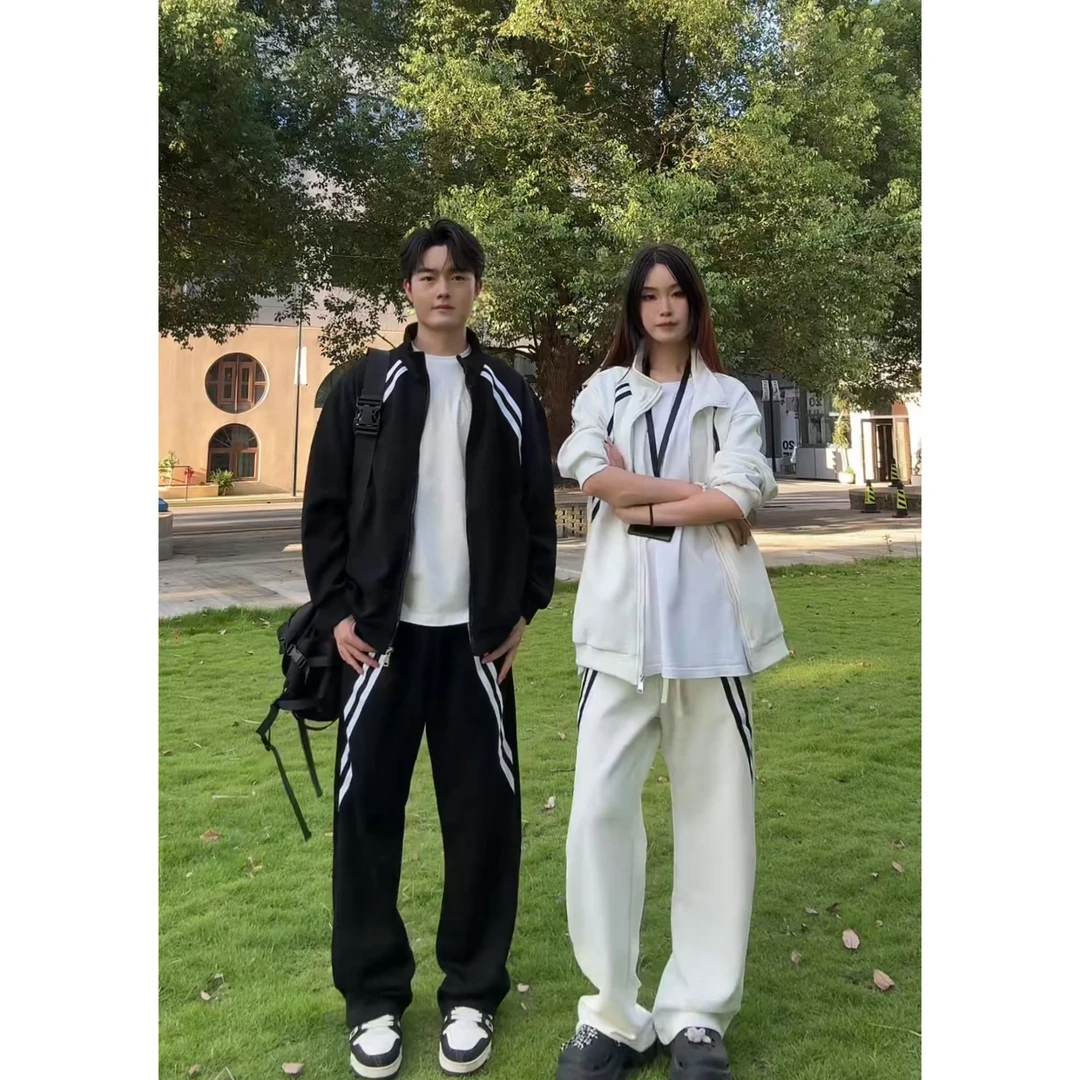 美式秋季套装条纹立领卫衣外套男女款运动宽松百搭休闲裤一整套