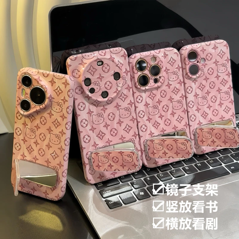 BANCA粉KT印花镜面支架适用iphone16菲林手机壳华为vivo小米oppo