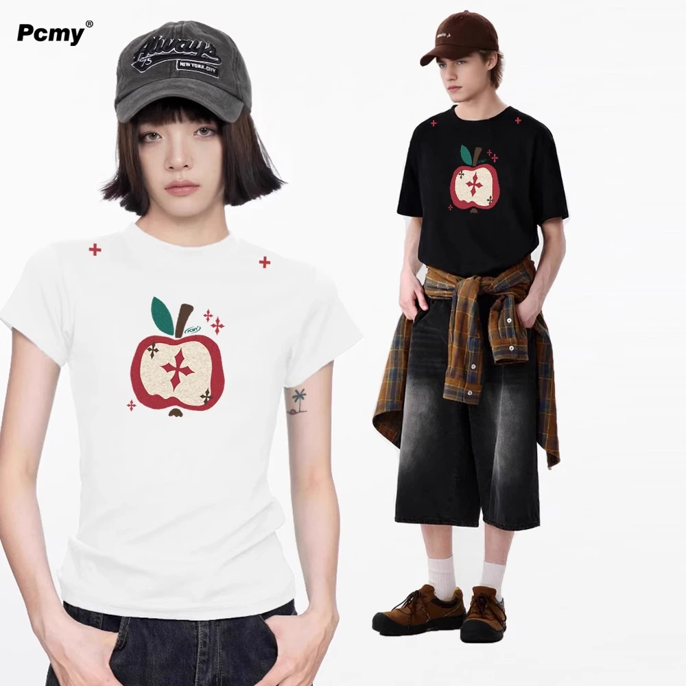 PCMY复古苹果潮牌正肩短袖T恤女2025夏季新款情侣装圆领休闲半袖