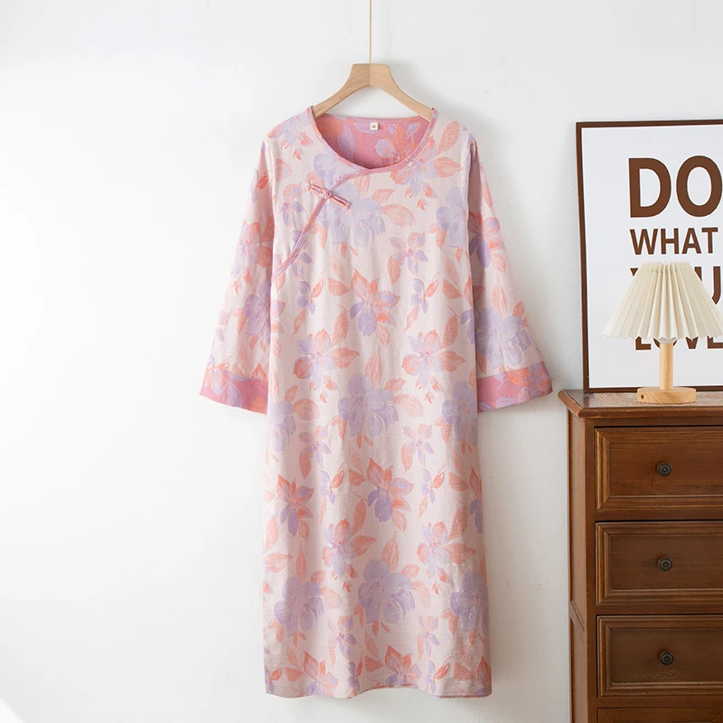 国风纯棉睡裙双层纱布中长款女春夏秋季薄款九分袖轻奢全棉家居裙