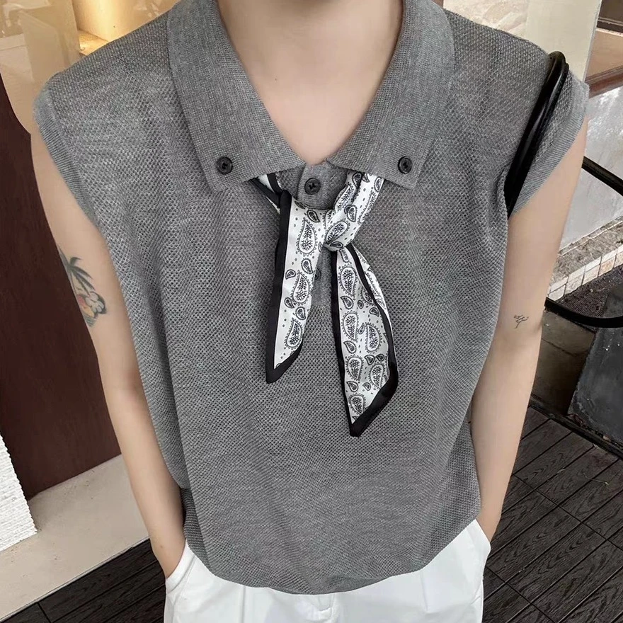 S韩系翻领无袖设计感小众丝巾装饰针织衫A11350