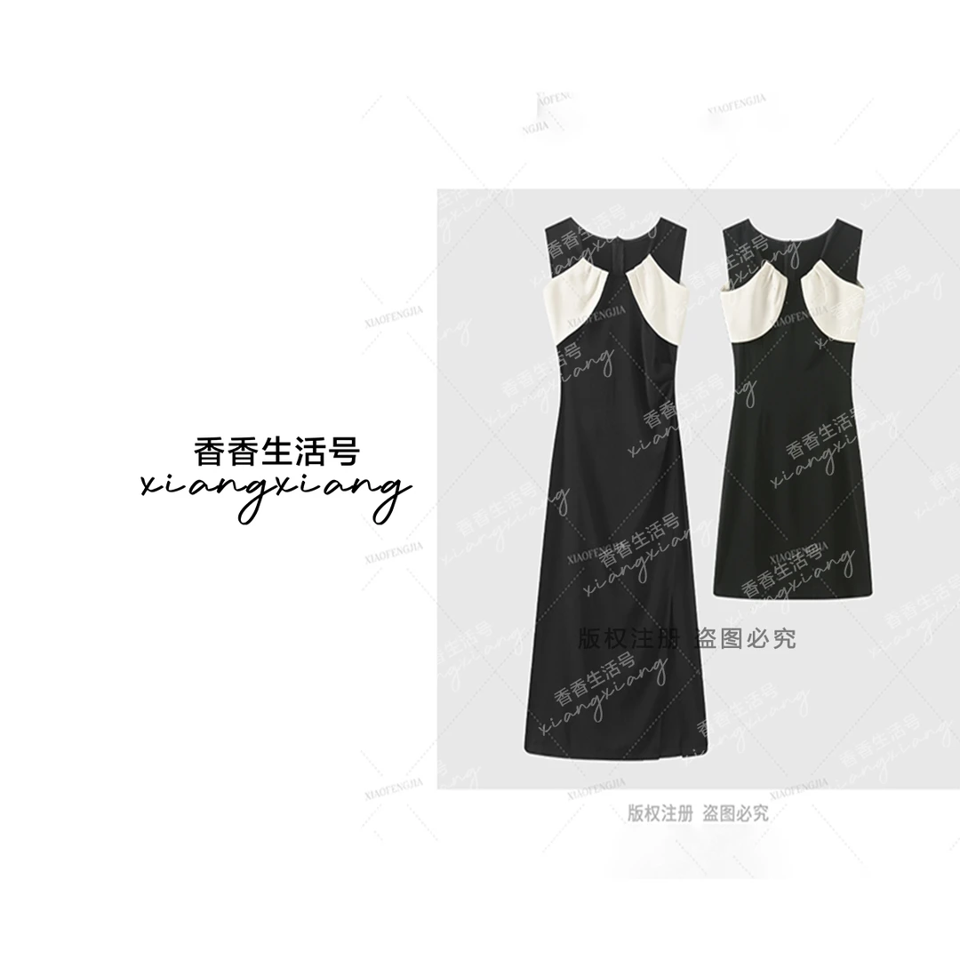【香香严选】法式高级感撞色露肩拼接显瘦连衣裙2025夏季新款051101
