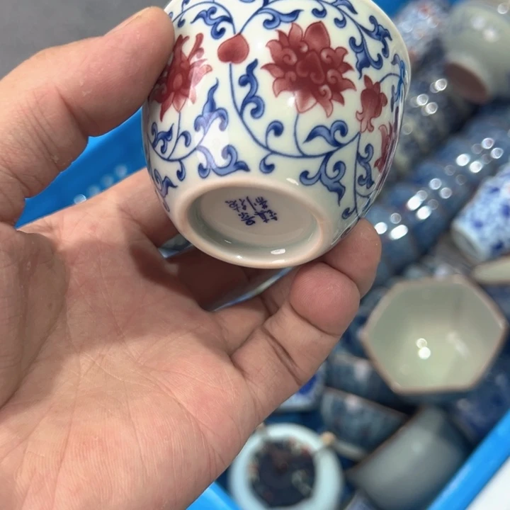 瓷片白青花釉里红缠枝莲刚杯客杯全品