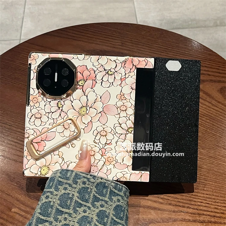 适用华为matext三折叠xt非凡大师手机壳牡丹花朵腕带支架翻盖皮套