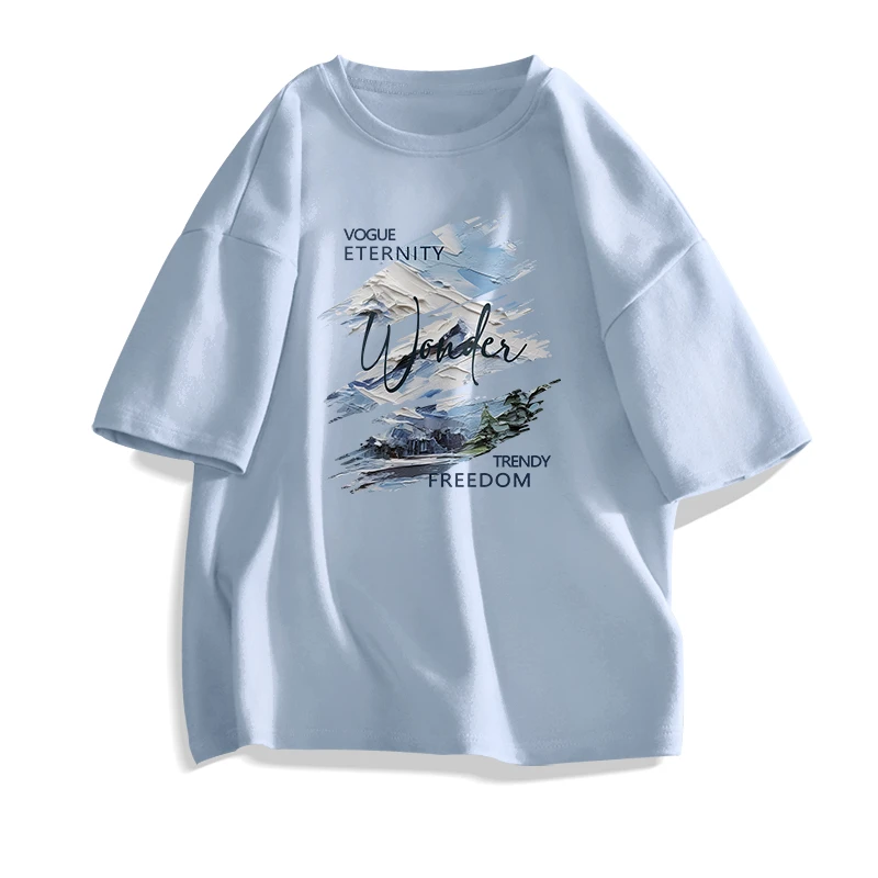2025新款纯棉t恤印花字母上衣国潮山水宽松夏季雪山森林D