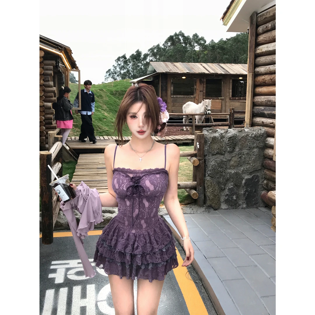 Mejiu蜜九【紫梦繁花】紫色纯欲辣妹风显瘦春夏开衫蕾丝吊带连衣裙