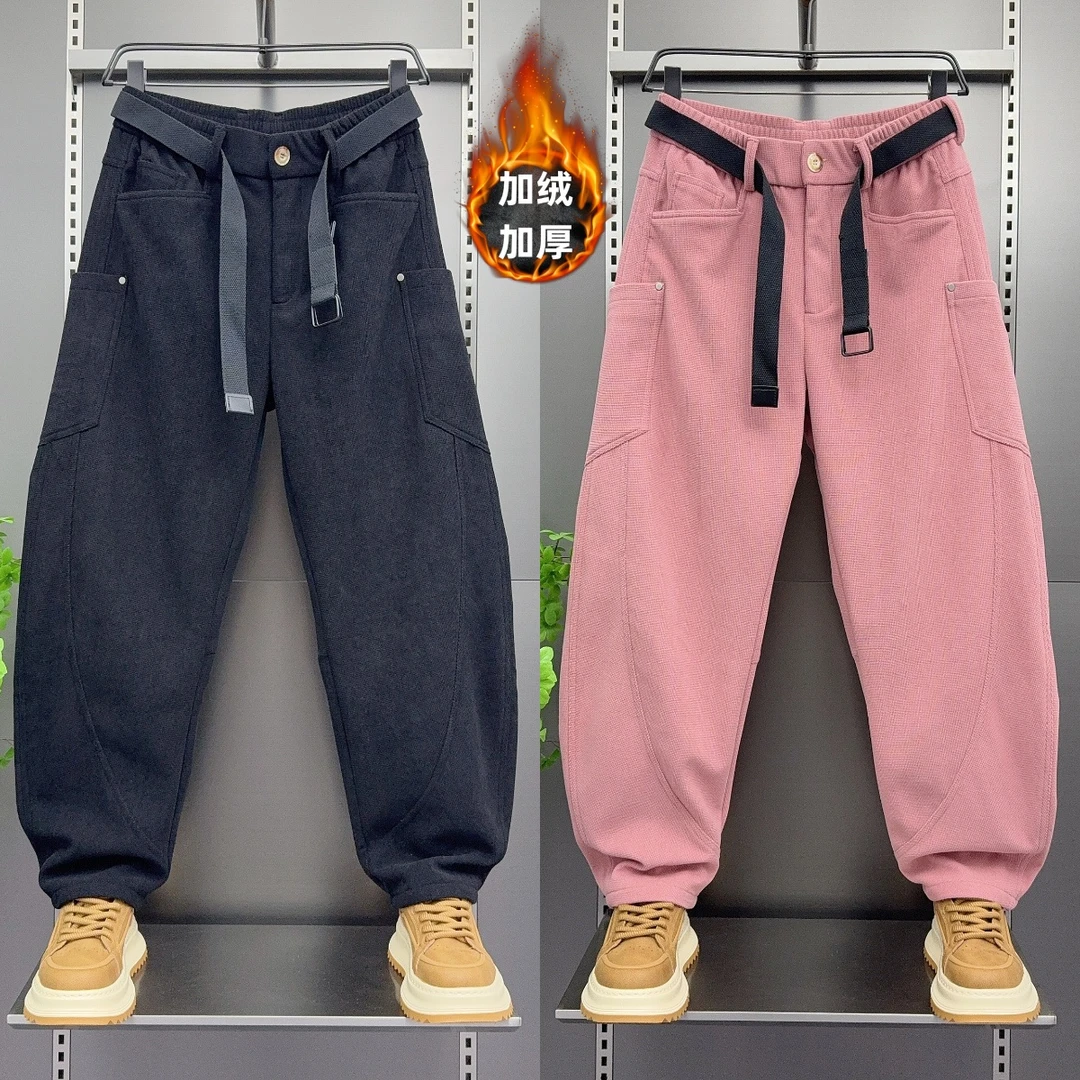 冬季潮牌工装休闲裤男士美式潮牌加绒直筒哈伦裤灯芯绒加厚弯刀裤