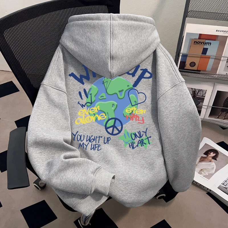 WASSUP HSUBE 设计感小众潮牌美式秋冬加绒宽松男士情侣灰色卫衣