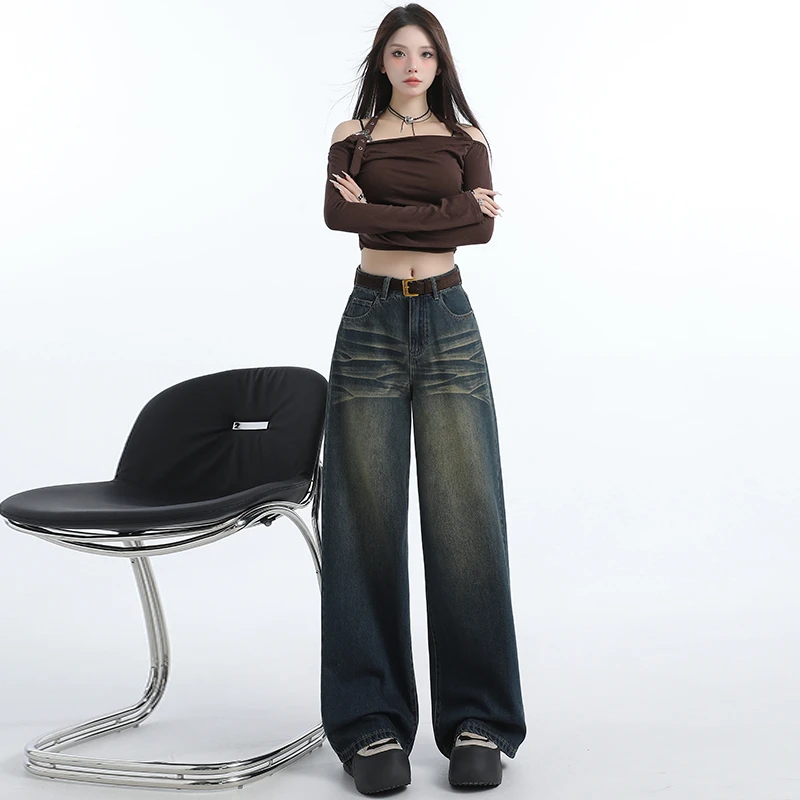 2025秋装港风美式复古辣妹潮流春装新款阔腿裤直筒裤牛仔裤女（送