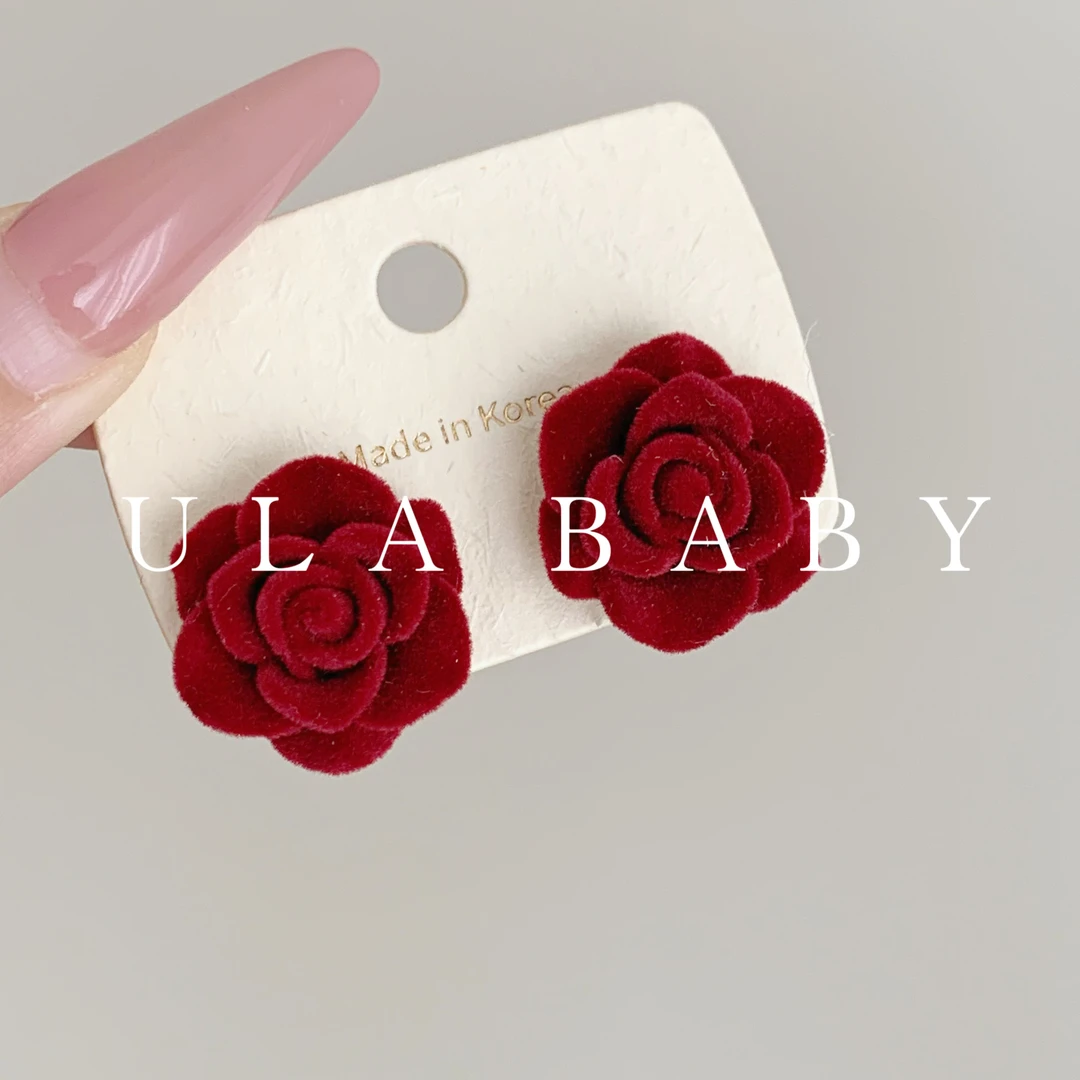 铜合金布艺耳饰 【喜儿ula】9-16-4气质丝绒花朵复古高级感耳钉