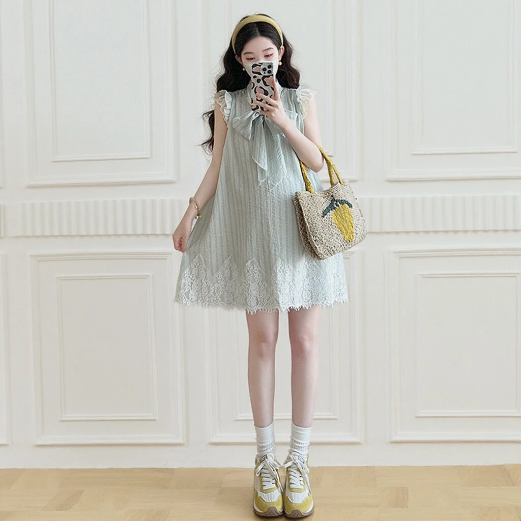 孕妇装2025新款蝴蝶结小飞袖连衣裙夏季韩系高级感条纹蕾丝孕妇裙