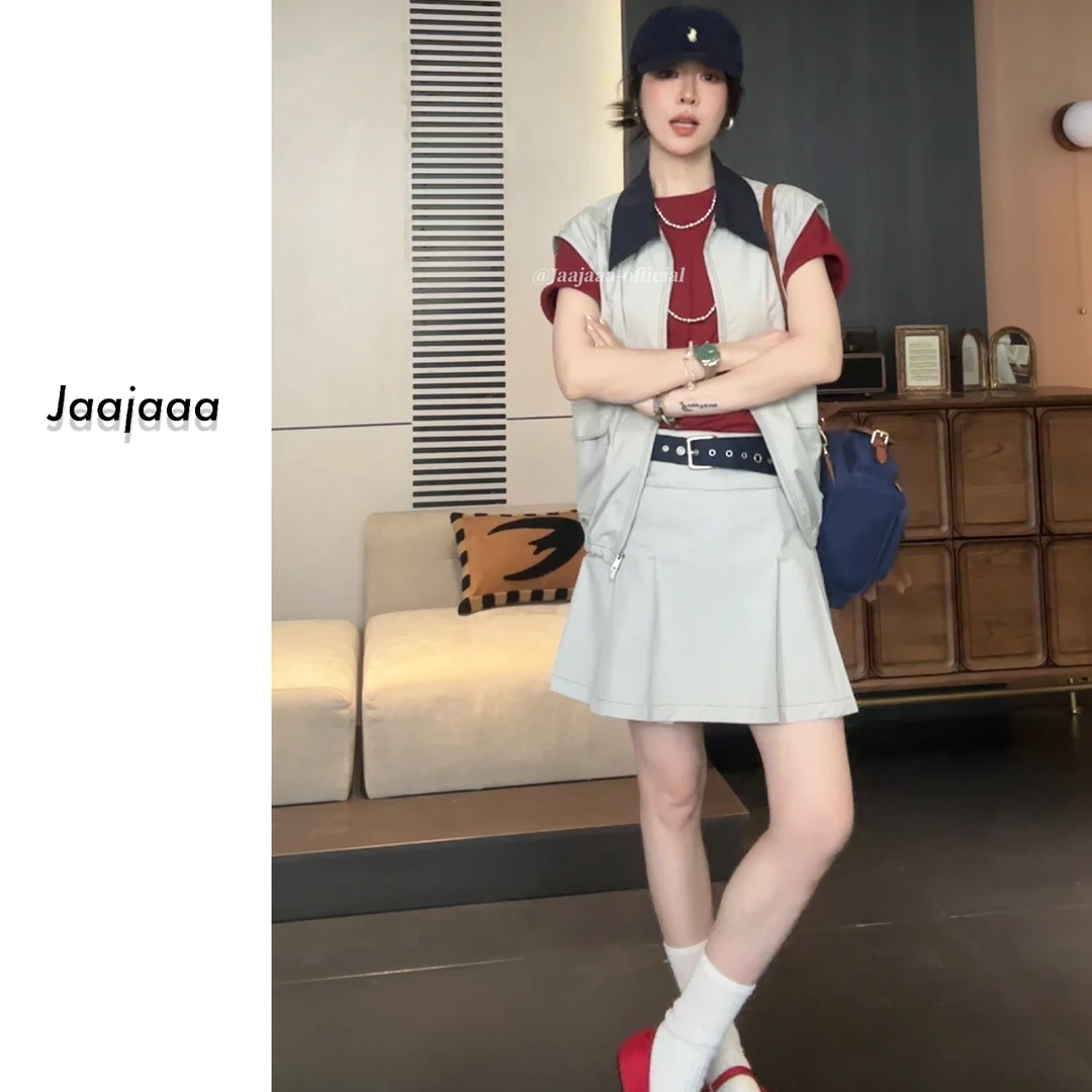Jaajaaa银河失声   时尚翻领拉链马甲休闲百褶半身裙两件套/ABCC