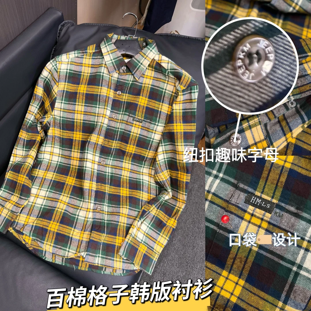 32037-经典格纹百搭衬衫秋季长袖复古风做旧格子衬衫