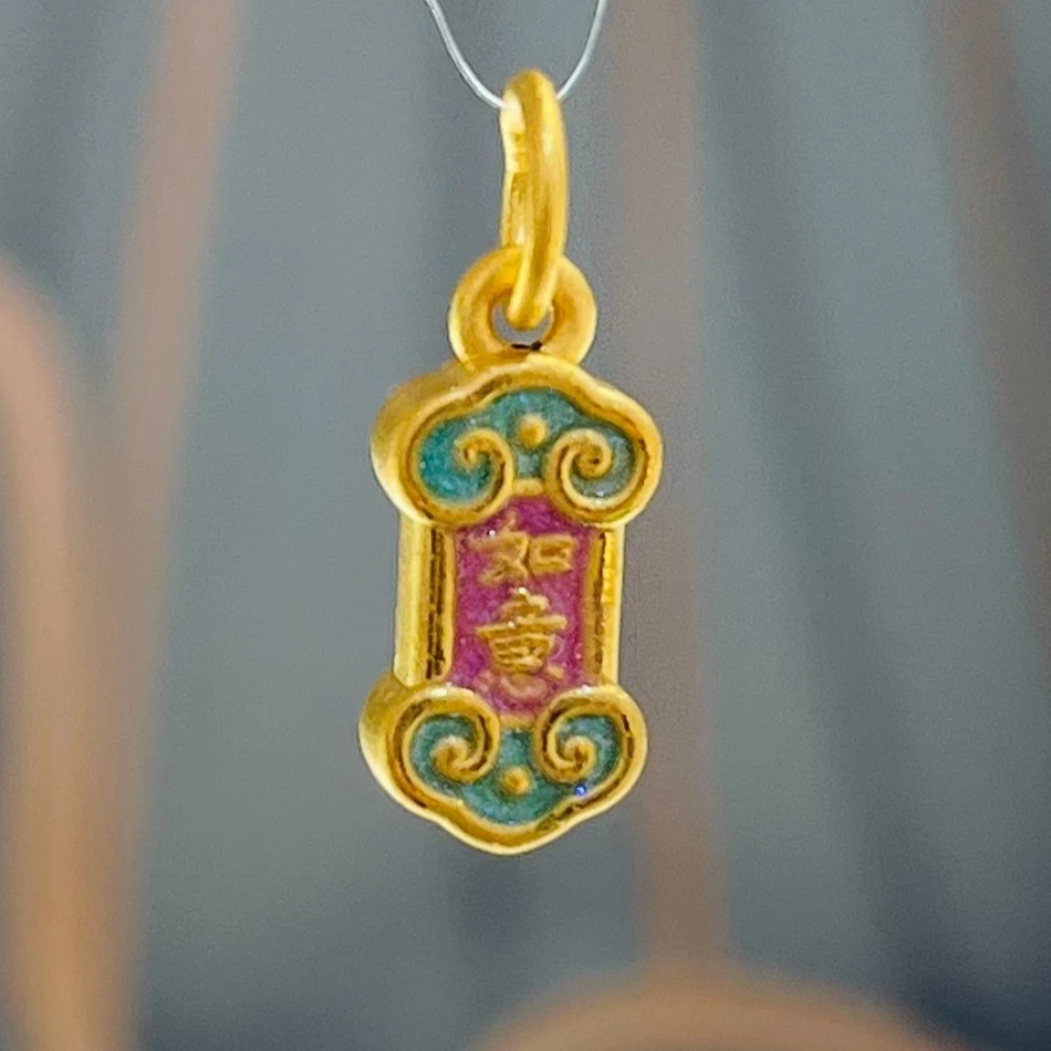 明牌珠宝楼哥甄选足金999 吉祥如意小配件令牌珐琅彩约卡14*6.5mm
