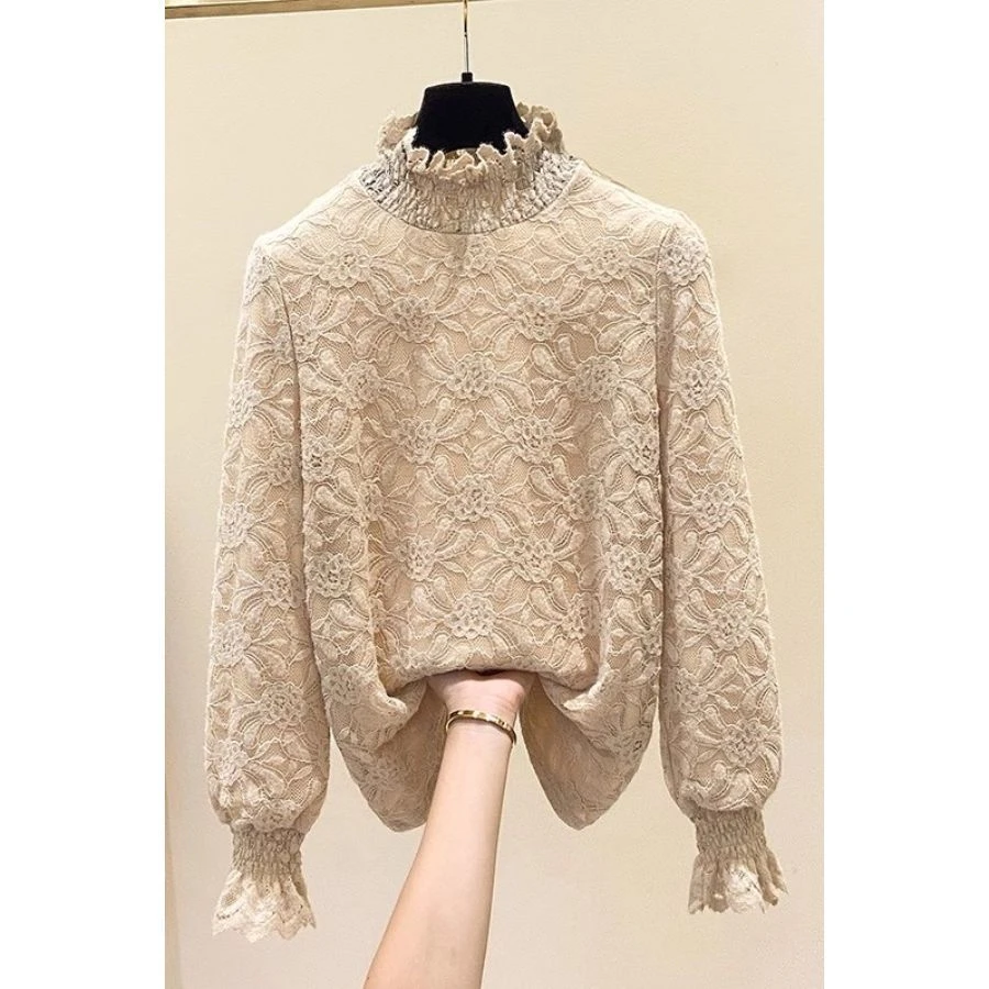 大码女装加绒加厚蕾丝打底衫胖mm秋冬新款半高领显瘦保暖内搭上衣