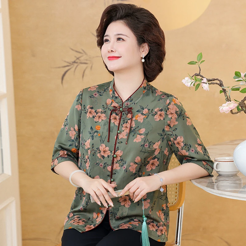 中年妈妈装新中式国风衬衫2025新款半袖上衣洋气宽松衬衣开衫女装
