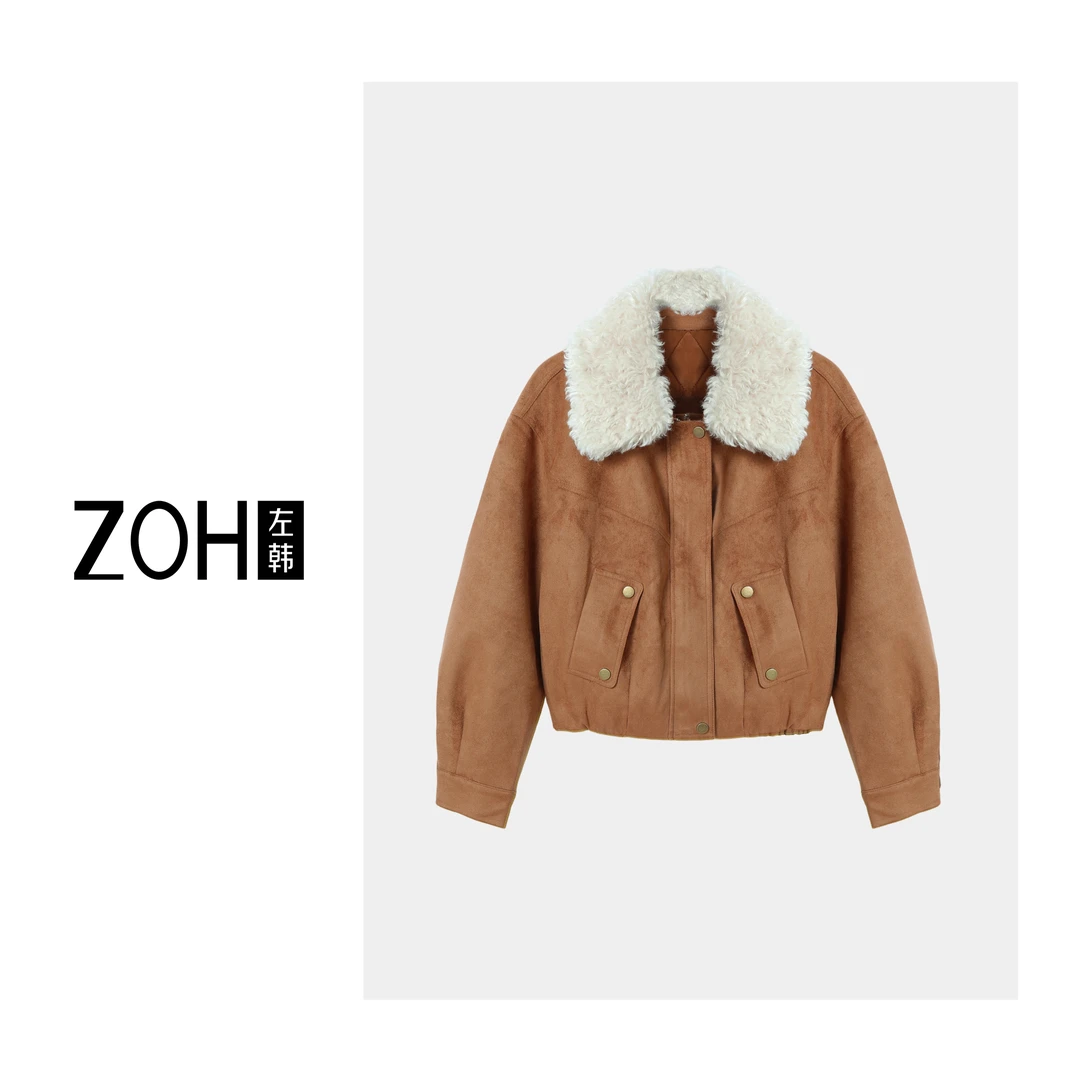 ZH363【左韩】秋冬加绒加厚复古百搭颗粒绒毛毛领外套 WH550082C