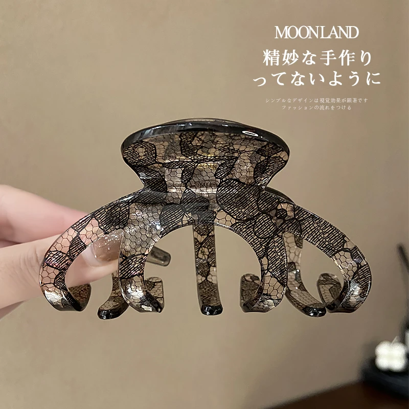 中式复古蕾丝花朵印花抓夹女高级感发夹洋气时尚后脑勺盘发鲨鱼夹