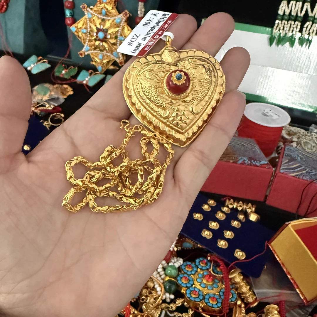 吊坠925银琉璃 银镀金手工镶嵌镶钻爱心项链挂件复古挂坠金色套装