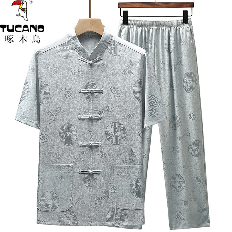 TUCANO/啄木鳥唐装男中老年爸爸短袖老年夏衣服爷爷夏装套装冰丝