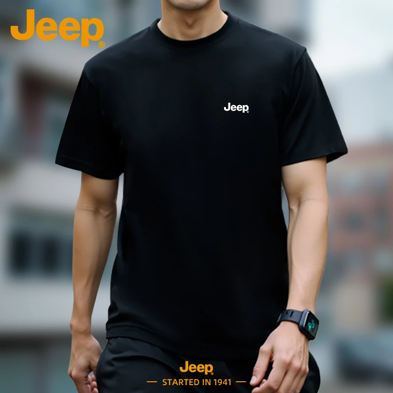 JEEP/吉普男士纯棉宽松圆领短袖t恤2025新款夏季重磅重工短袖T恤