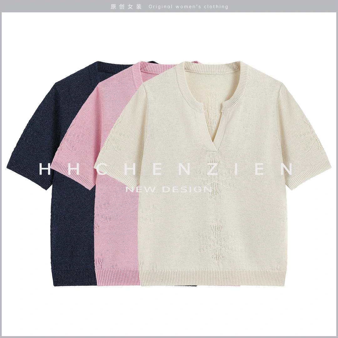 【黑黑家】“和纸纱”夏季新款新款针织短袖钩针时尚彩色上衣