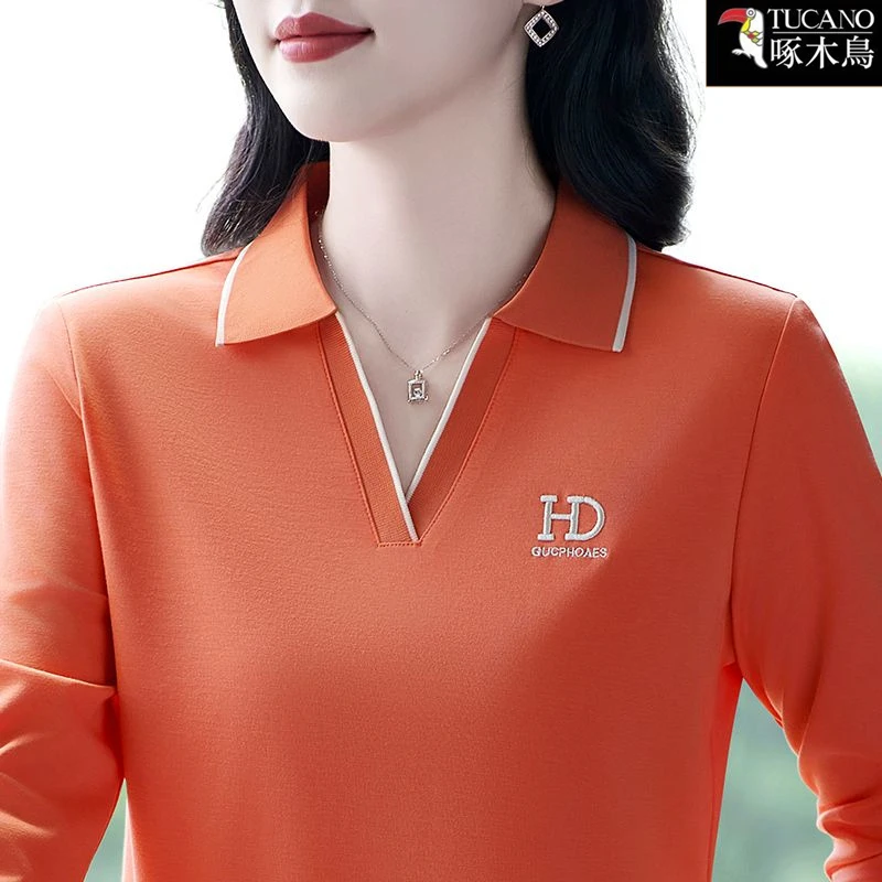 啄木鸟2025年新款长袖减龄POLO衫遮肉显瘦翻领T恤秋季刺绣上衣女