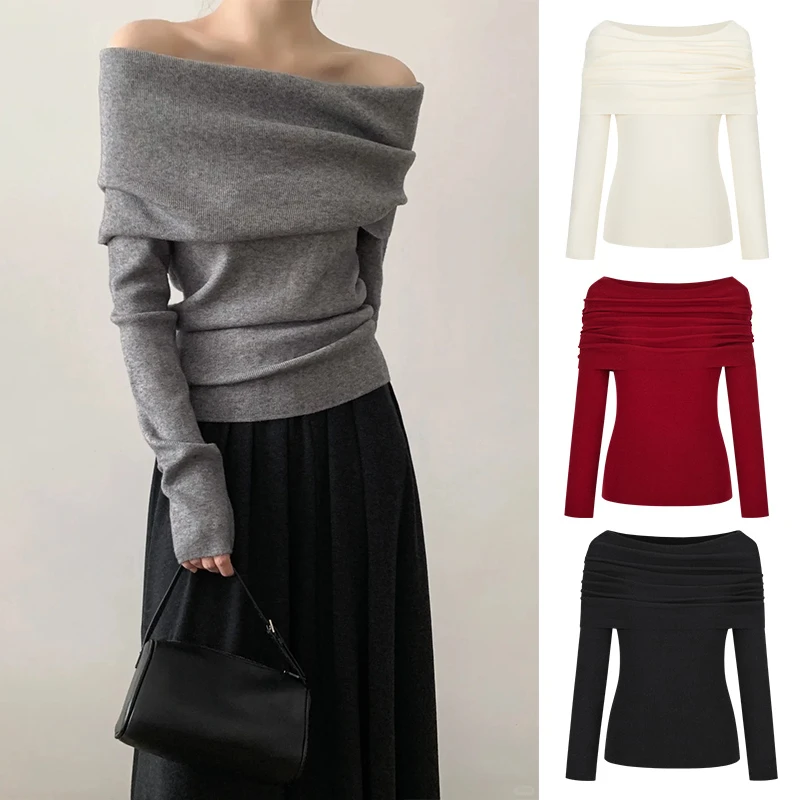 Moses Queen/魔西女王法式一字领针织衫女秋冬高级感修身露肩上衣