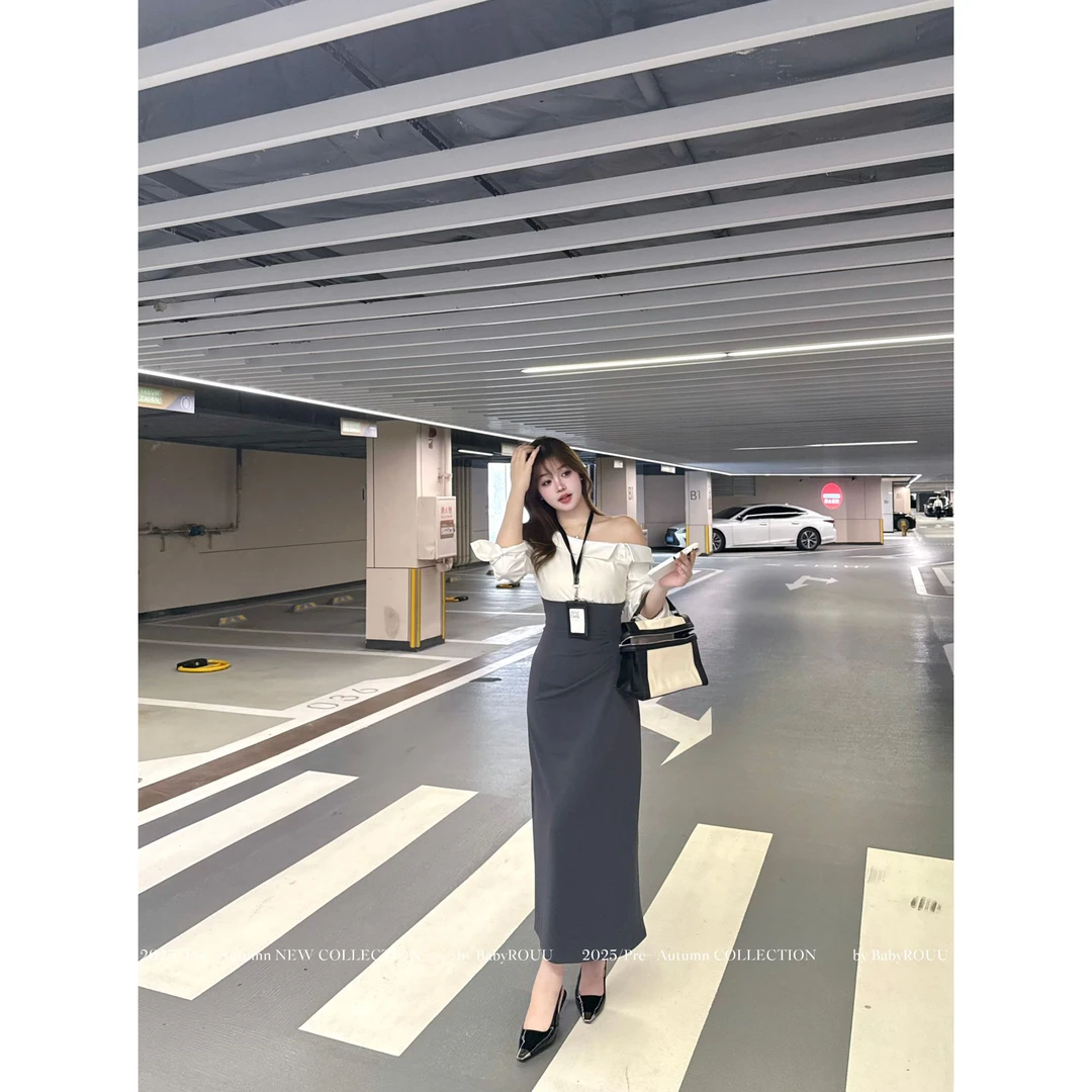 【巴黎雾色】温与柔时尚套装拼接法式开叉收腰都市风简约包臀连衣裙